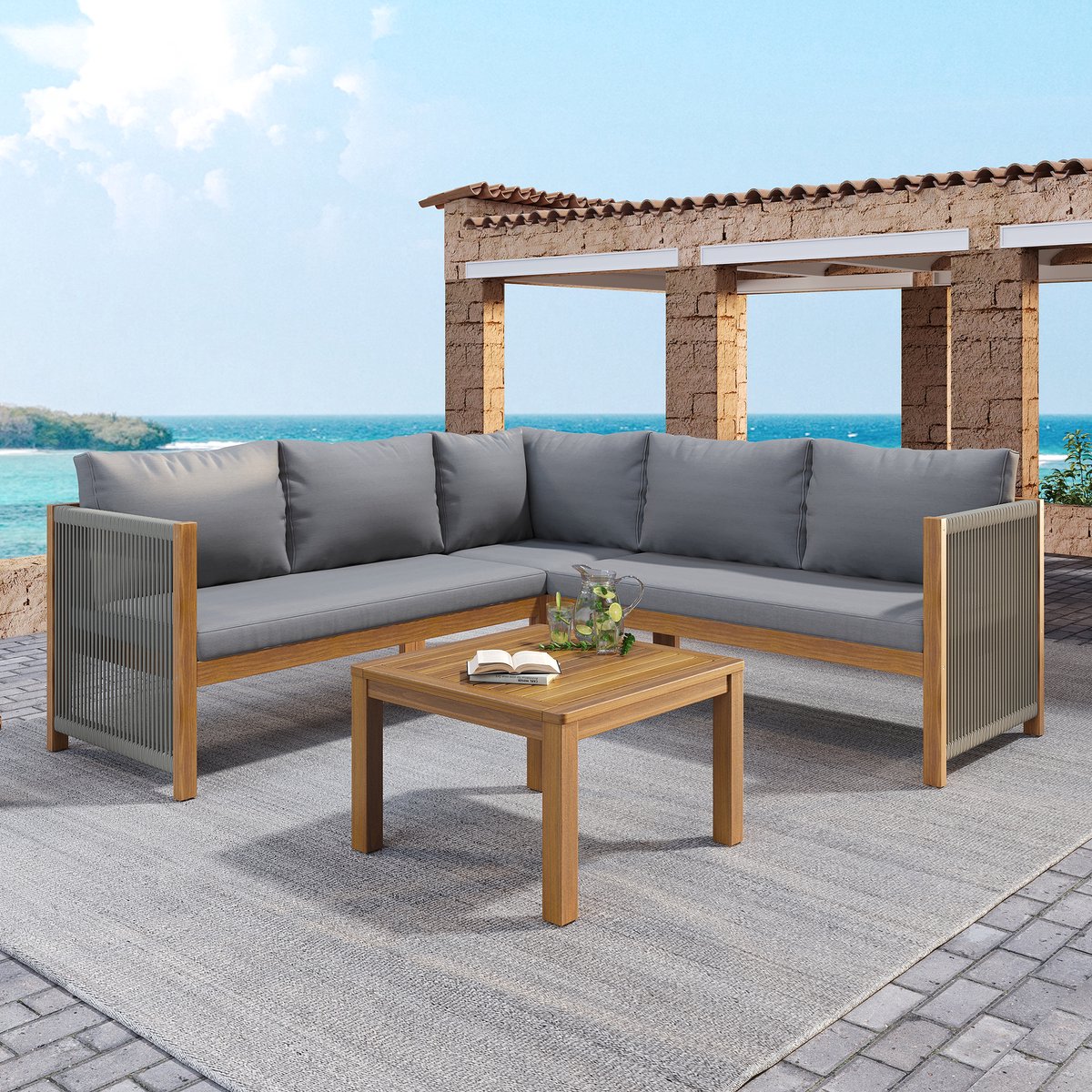 Gutent Hoek Loungesets - Bank - Salontafel - Acacia Frame - Acacia Tafelblad - Gevlochten Touw - Grijs