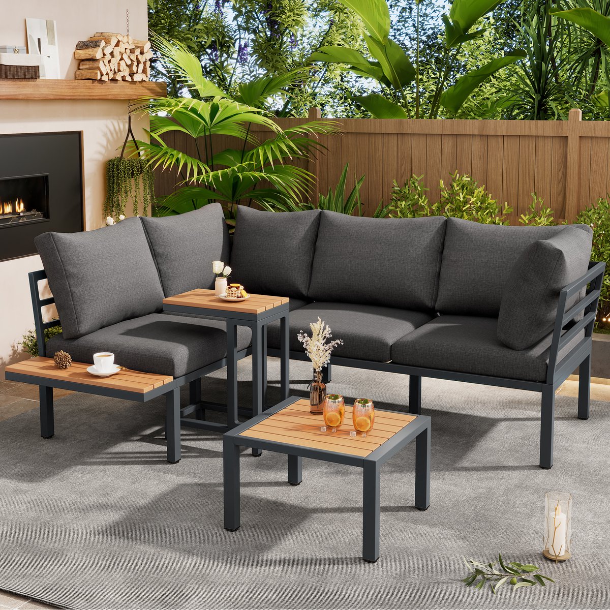Gutent Loungesets - Bank - Salontafel - Verzinkt Staal - Kunststof Hout Blad - Voor Balkon Tuin - Grijs Zwart