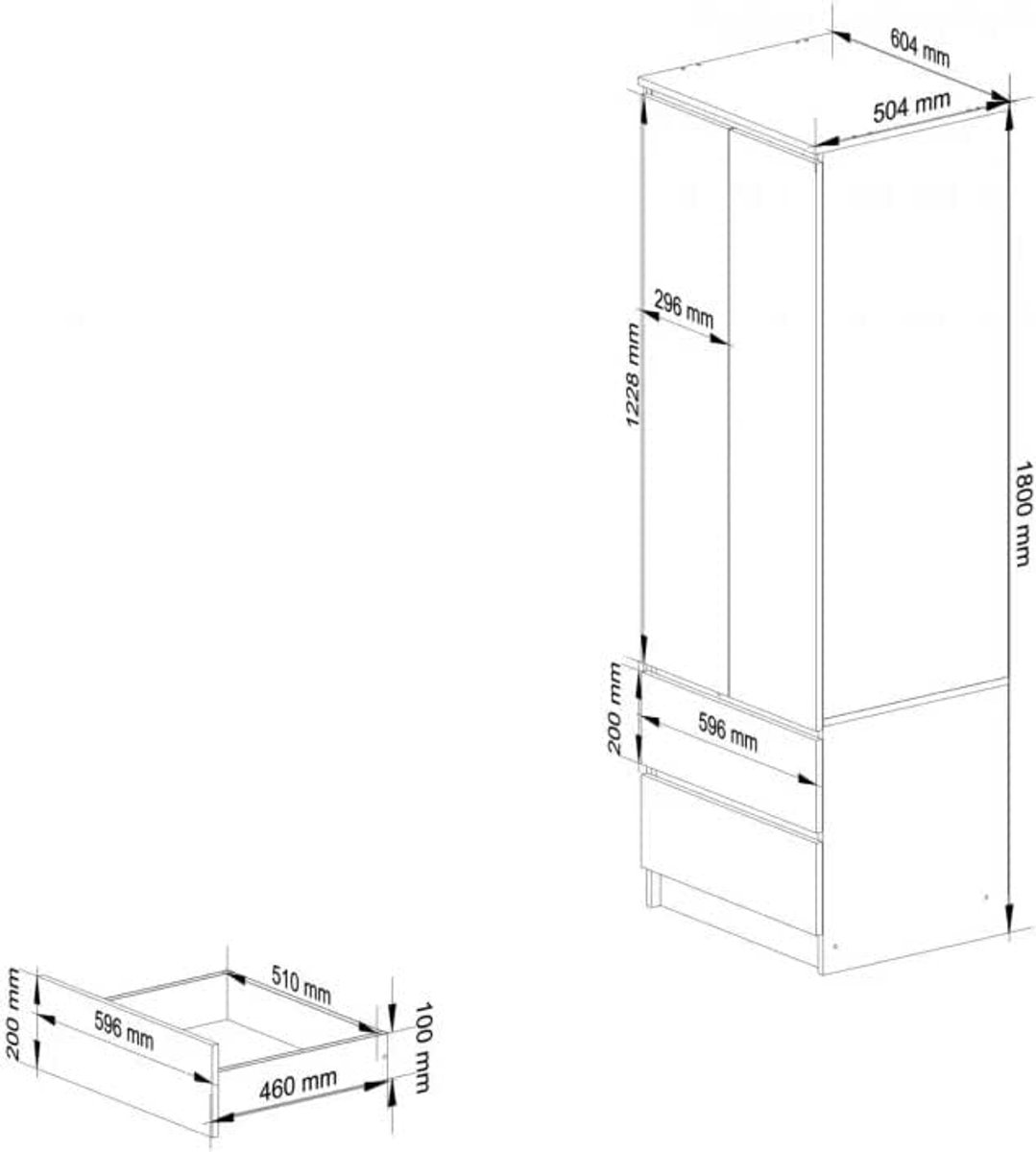 Kledingkast 2 Deuren met 2 Laden – ABTKantoor Moderne Garderobekast 180x60x51 cm – Smalle