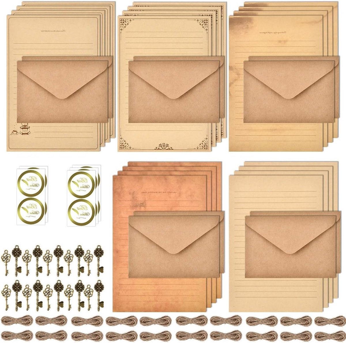 Vintage Briefpapier Enveloppen Set met 60 Stukken, A5 Briefpapier, Kraft Enveloppen, Retro Sleutels, Stickers en Touw voor Creatieve Uitnodigingen en Decoratie