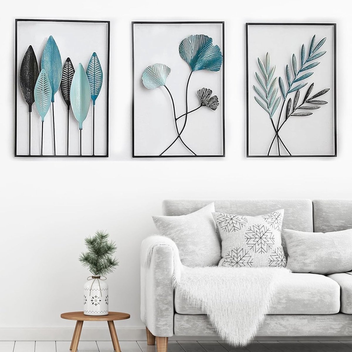 Moderne Wanddecoratie voor de Woonkamer - 3 Delige Set van Metalen Bladen met Ginkgo Blad Design - Minimalistische Interieurdecoratie voor Thuis