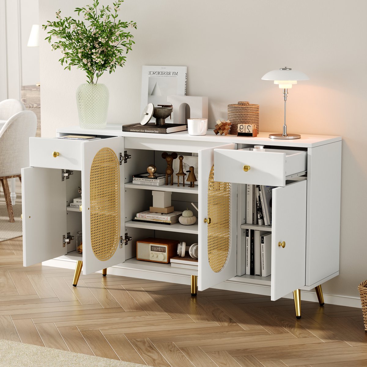 MODENUIT Dressoir - 4 Deuren En 2 Laden - Met Verstelbare Planken Voor Woonkamer - Wit En Naturel - 140x35x82 cm