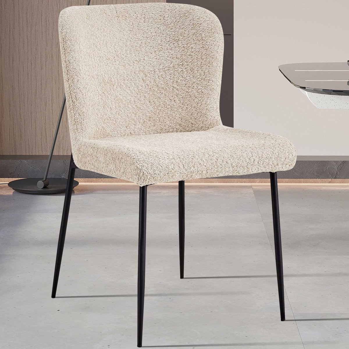 Rousseau Eetkamerstoel Lisa Beige – Bouclé – Zwarte Metalen Poten – Per Stuk