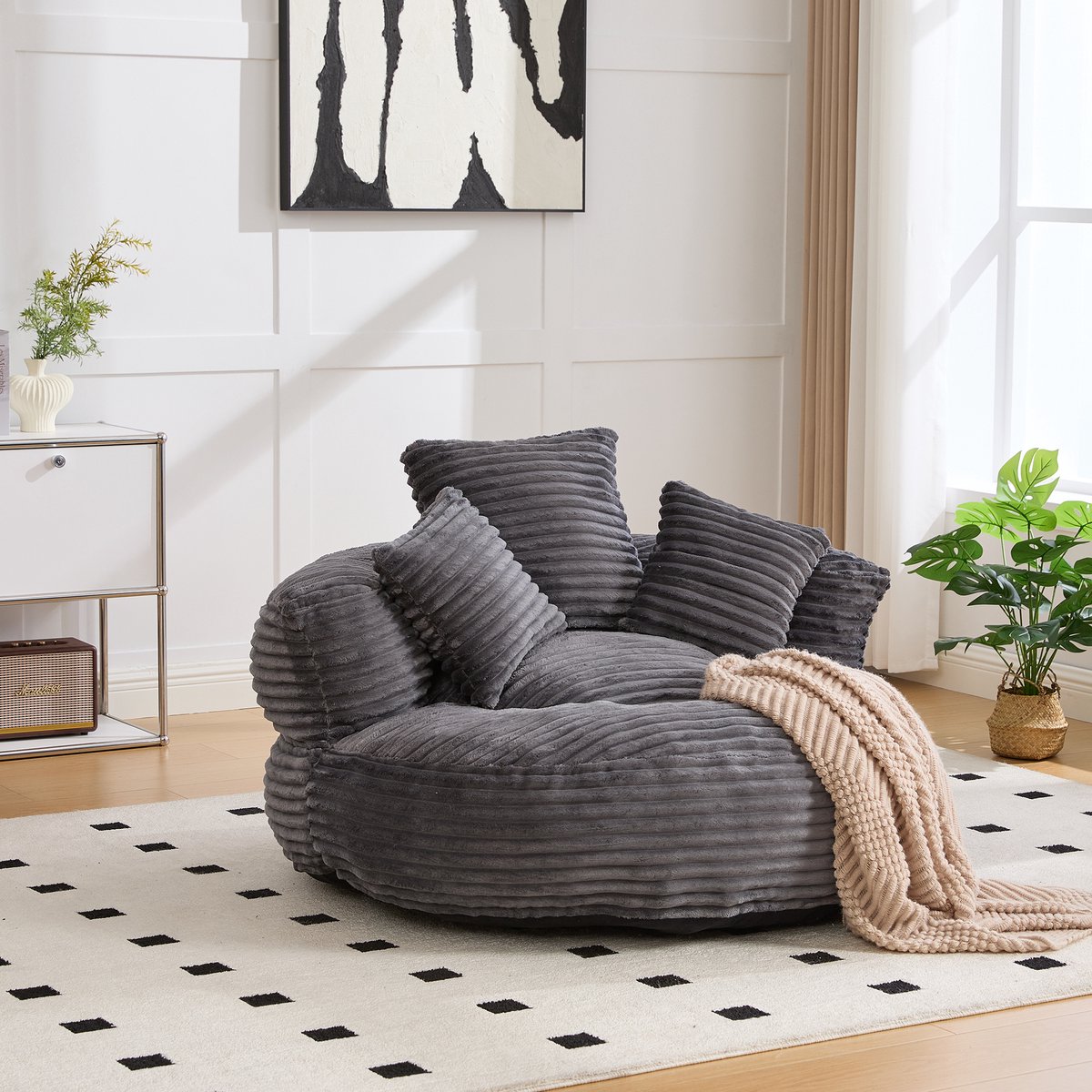 MODENUIT Zitzakstoel 108x108x52 cm - Hoge Rugleuning met Armleuningen - Voor Woonkamer - Ribfluweel Donkergrijs