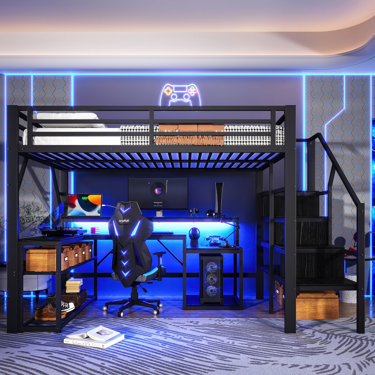 VVBV Hoogslaper 140x200 met bureau / Hoogslaper met bureau – met Trap, Opbergrekken, Opbergruimte, LED-Verlichting, USB – Metaal – Zwart – Zonder Matras Black