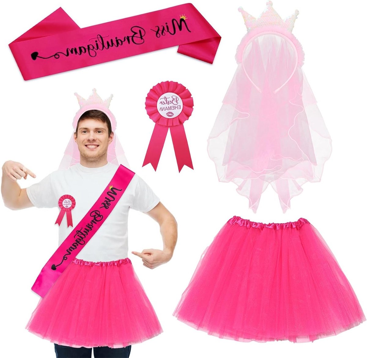 Herenkostuumset voor vrijgezellenfeest met roze sluier, kroon, tule rok en badge accessoires