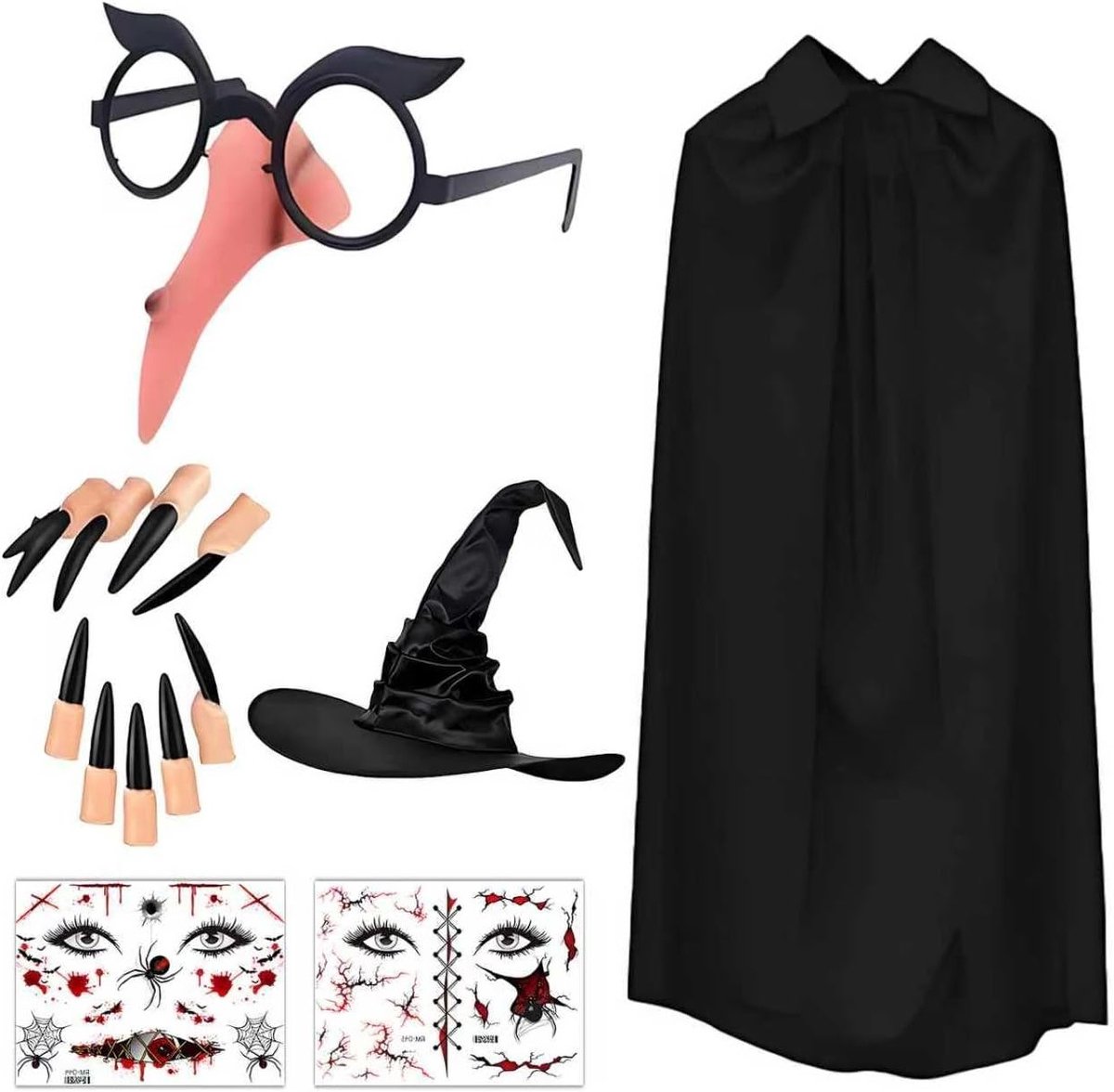 Halloween Kostuum voor Vrouwen met Heksen Cape, Bal Hoed, Heksenbril, Valse Neus, Zwarte Valse Nagels en Gezichtstatoeages voor Feestjes