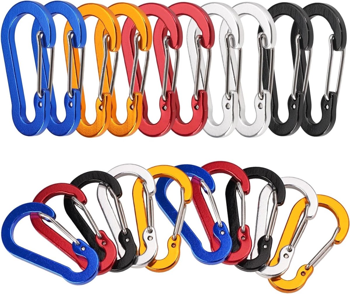 20 Stuks Lichtgewicht Aluminium Carabiners 50mm D Type Haakjes, Ideaal voor Kamperen, Wandelen en Reizen, Geschikt voor Rugzakken en Riemen