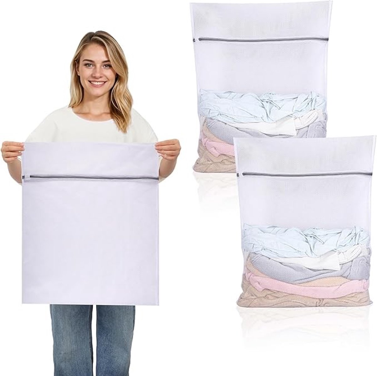 Set van 2 grote waszakken voor wasmachine, 50x60 cm, herbruikbaar met ritssluiting