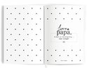 Open boek met stippenpatroon en tekst "Lieve papa, ik ben zo nieuwsgierig... naar vroeger"