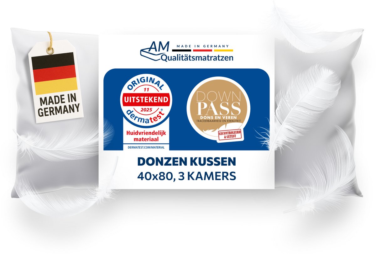 DormiGood - Premium donskussen 40 x 80 cm 100% natuurlijk - 3 compartimenten hoofdkussen 80x80 1080g extra zacht - Hoogwaardig inlegwerk van katoen