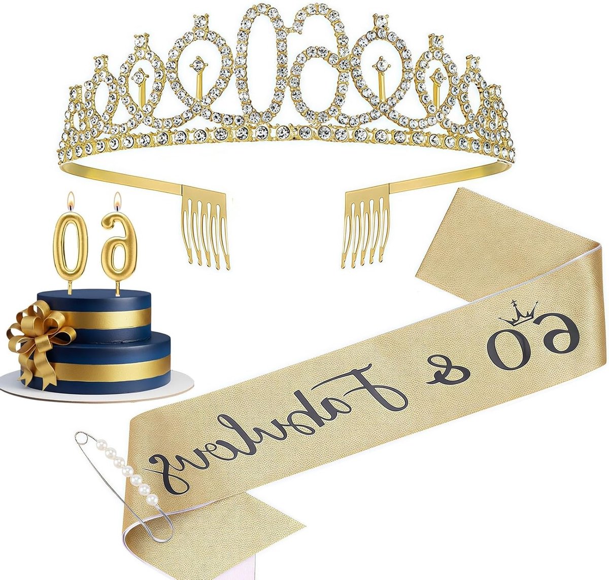 Feestelijke Decoraties voor 60ste Verjaardag, Sjerp en Kroon met Kaars, Versiering voor Vrouwen en Feestbenodigdheden