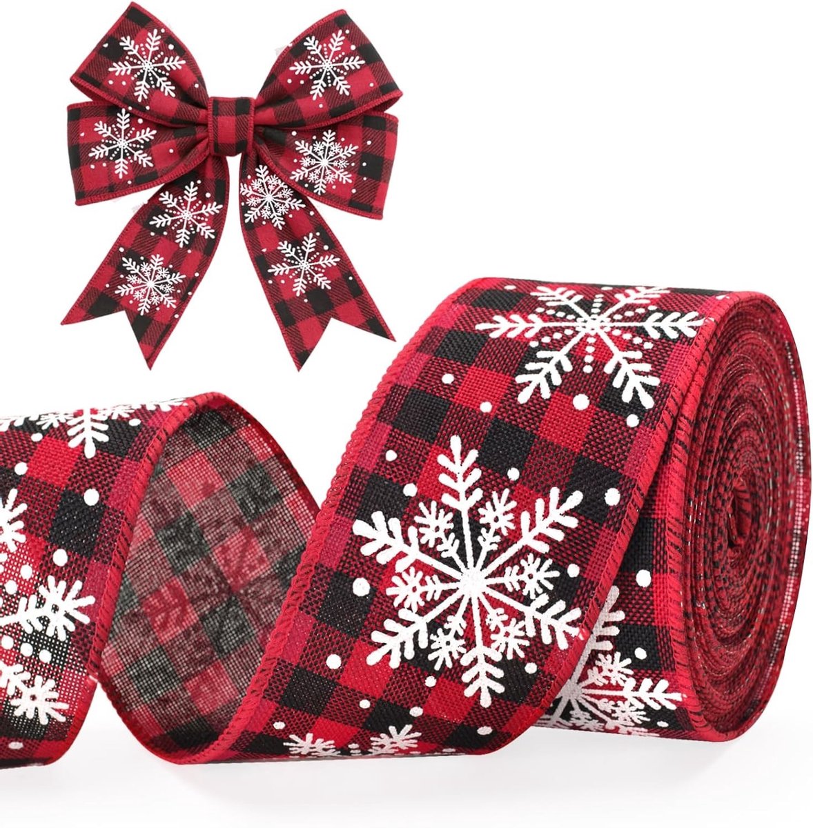 Tartan Draadlint, 10m 6.5cm Breed Zwart Rood Kerstlint met Sneeuwvlokkenrand voor Wreaths, Strikken en Cadeaus