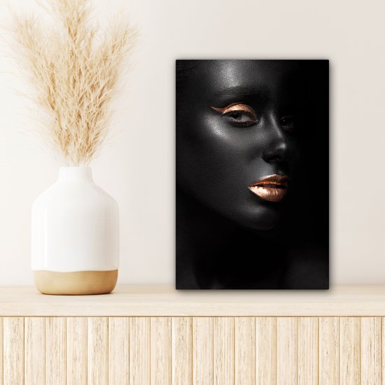Peintures sur toile - Profil d'une femme maquillée dorée sur fond noir - 20x30 cm - Décoration murale