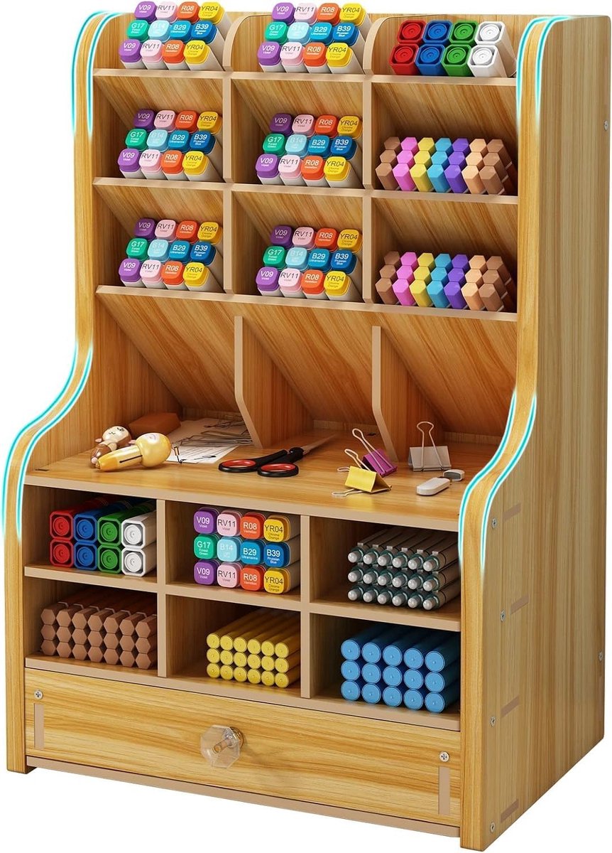 Multifunctionele Houten Desktop Organizer met Lade voor Pennen en Kantoorbenodigdheden - Ideaal voor Thuis en Op Kantoor