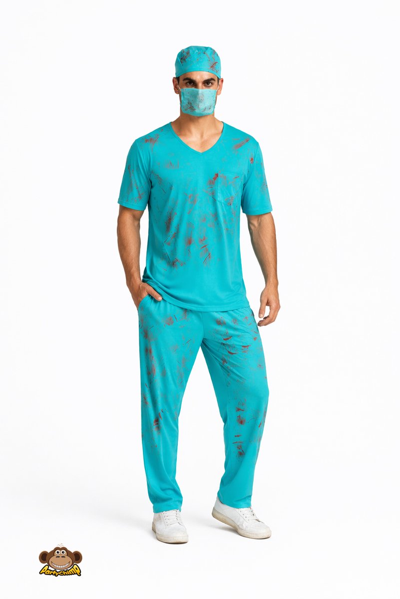 Partychimp 4-Delig Zombie Chirurg man Shirt/Broek/Muts/Mondmasker kostuum volwassenen Verkleedkleren Heren Carnavalskleding Halloween - blauw- Polyester - Maat L