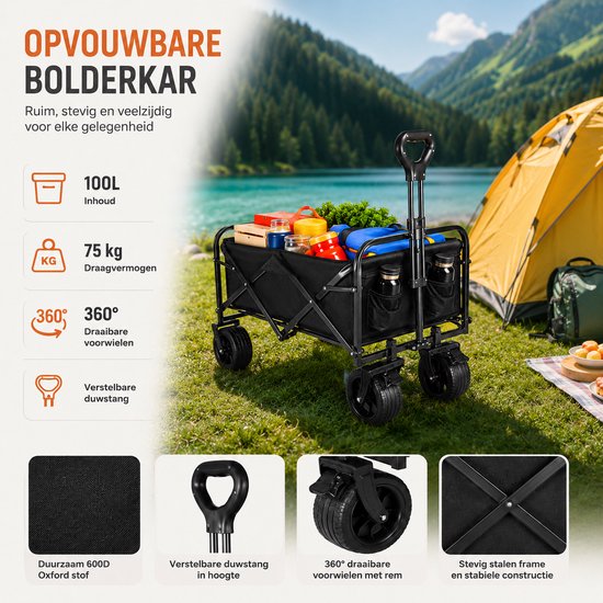 Celestul Bolderkar Opvouwbaar - 100 Liter - 75 KG Draagkracht - Draaibare wielen mét rem - 70×43×72cm - Verstelbare hendel - Inklapbare Bolderwagen - Compact - Zwart van Merkloos — afbeelding 3