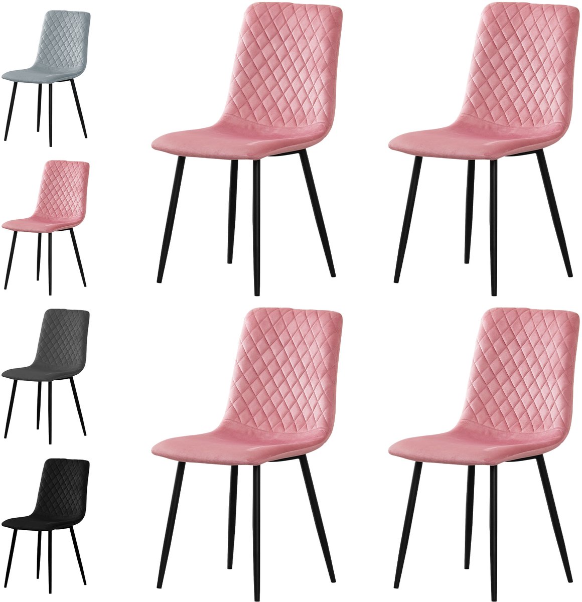 xDays Eetkamerstoelen Set van 4 Roze - Fluwelen Stoelen met Diamantpatroon - Metalen Poten - Ergonomisch - Krasbestendige Viltjes - 125 kg Draagvermogen
