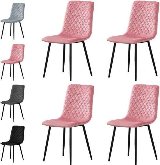 Vier roze eetkamerstoelen met ruitpatroon op de rugleuning en zwarte metalen poten.
