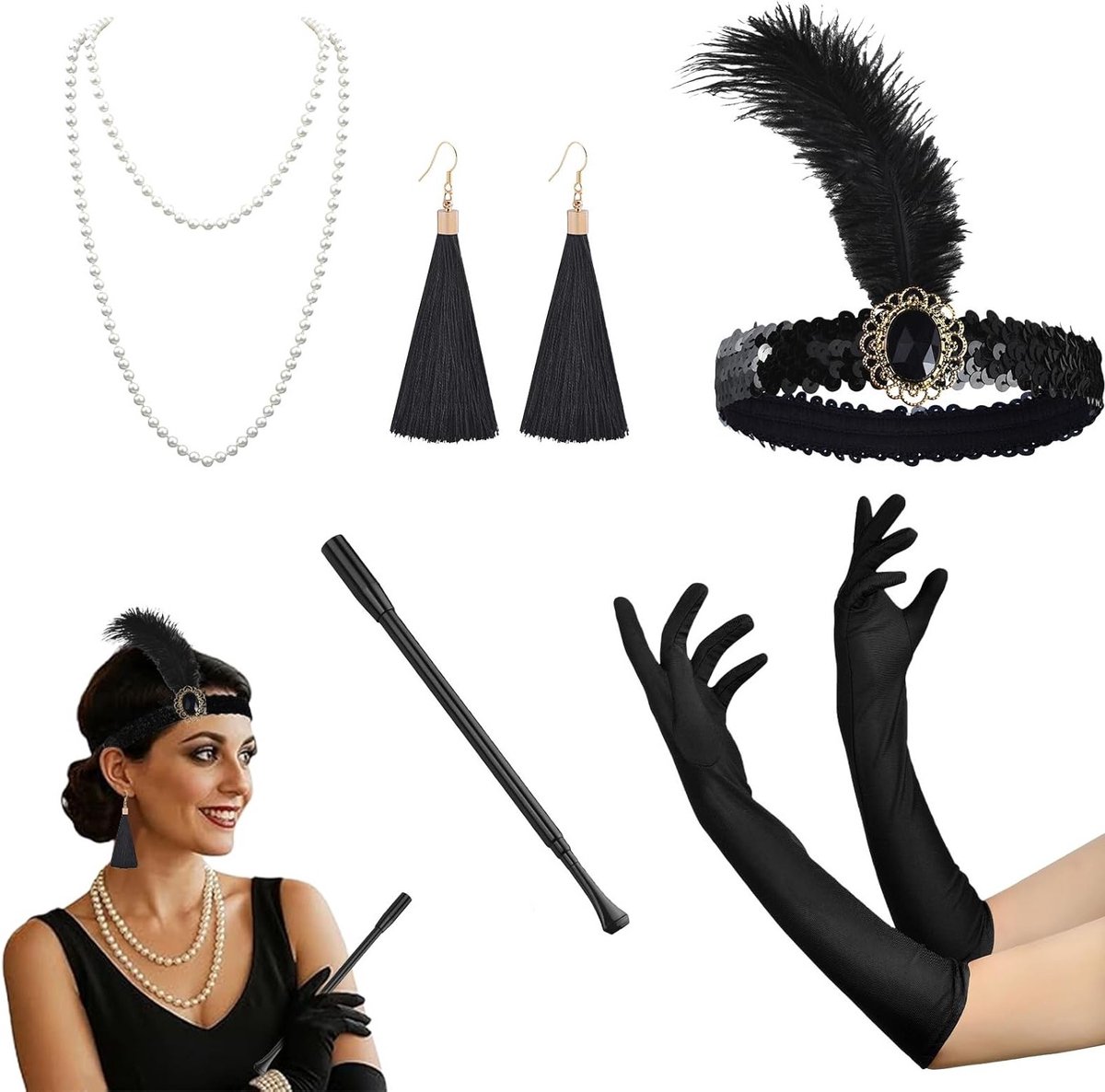 1920s Flapper Accessoire Set voor Halloween - Feathers, Faux Parels, Satijnen Handschoenen en Scepter voor Kostuum en Theatrale Optredens