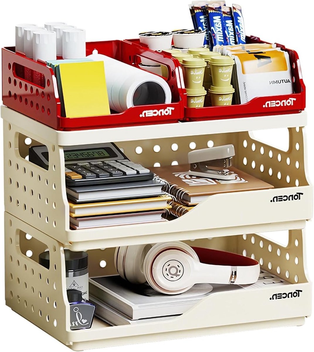Drie-laags papieren opbergtray, bureau-organizer, opvouwbare opslagdoos voor kantoorbenodigdheden, cosmetica en snacks in rood en wit