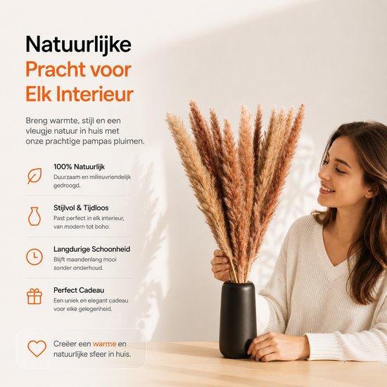 BOTC Pampas Pluimen - 100 stuks klein Pampagras - 43 cm natuurlijk Pompas-pampagras - voor Bruiloften, Boho-feesten, Tafeldecoratie - Bruin en Wit