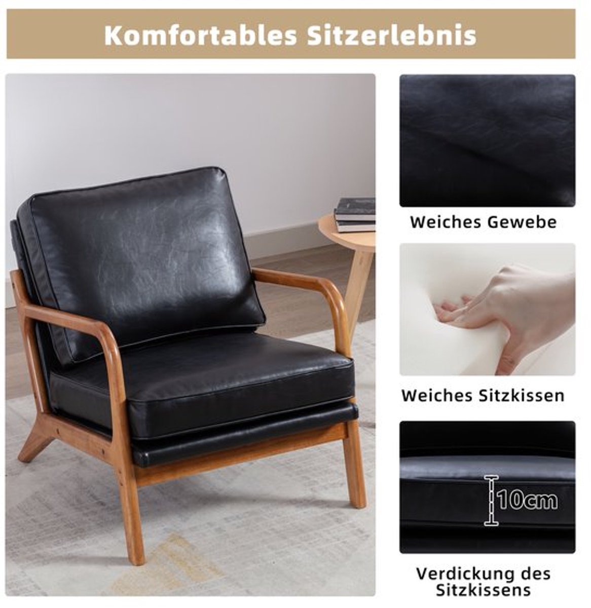 Lounge Fauteuil Zwart – Lounge Stoel – Fauteuil – Relaxstoel – Tuinstoel – Houten Frame – 