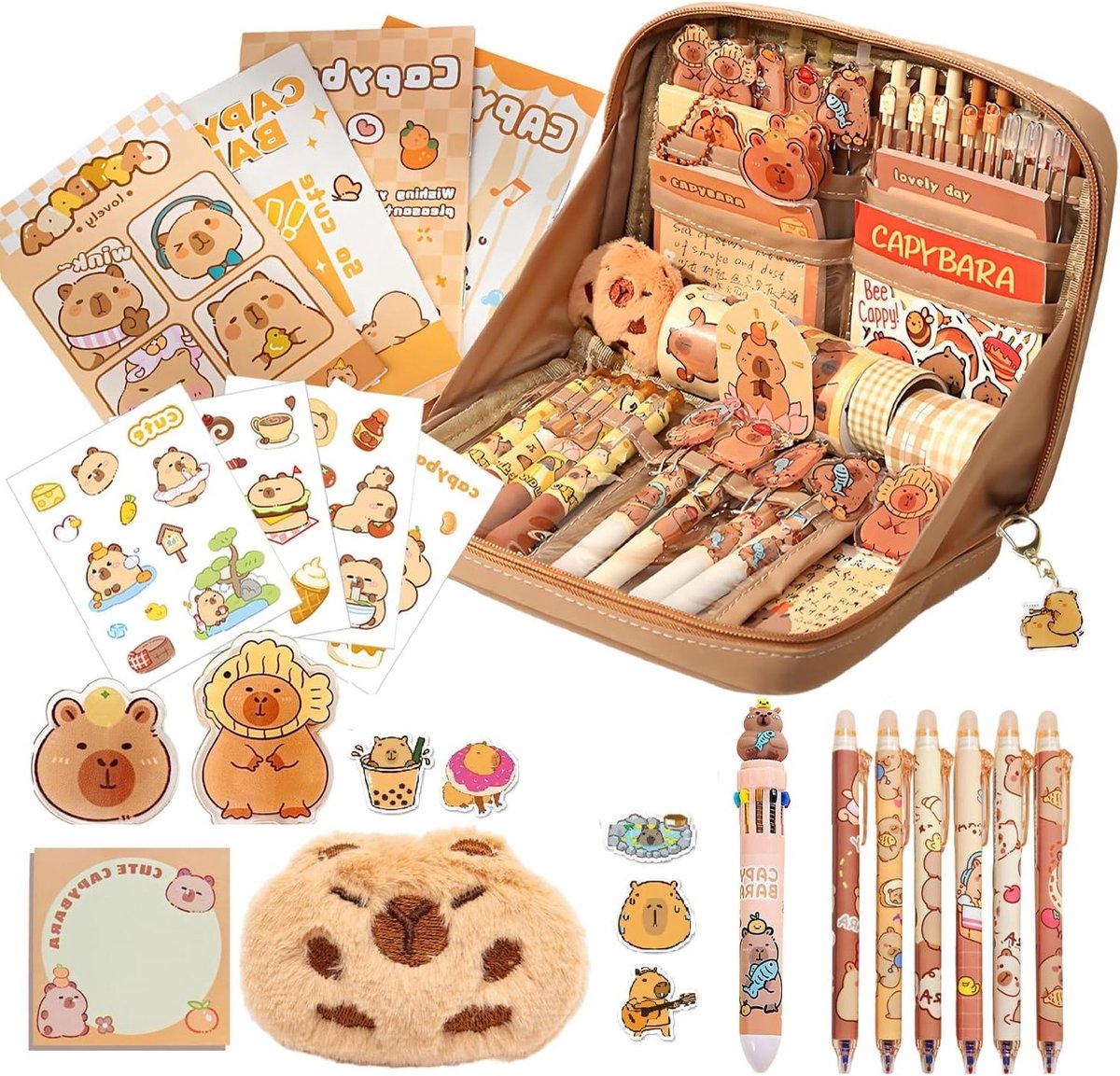 Multifunctionele Pennenset voor School en Werk met Uitwisbare Pennen en Leuke Capybara Accessoires, Perfect Cadeau voor Creatieve Geesten