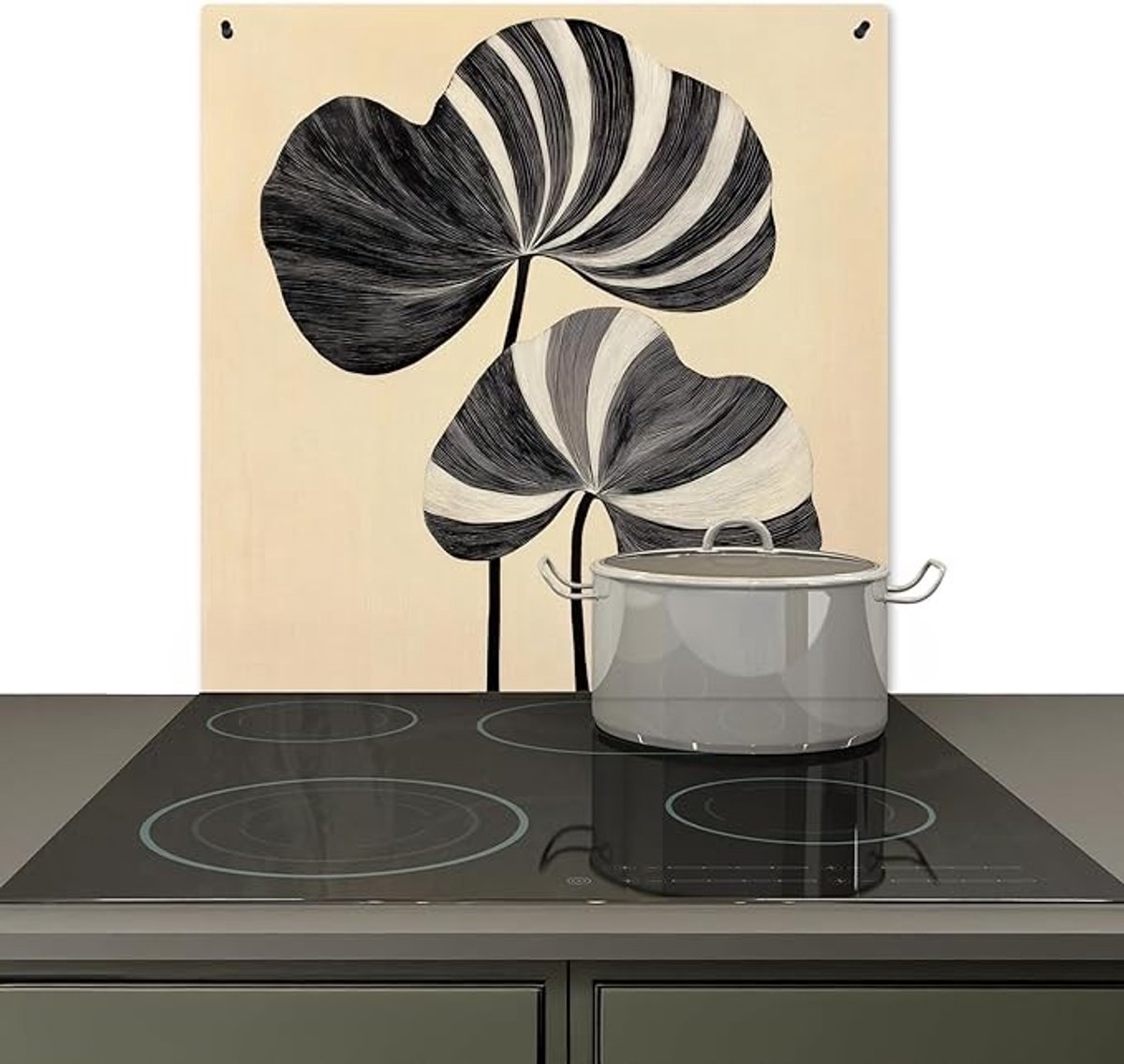 Spatscherm Kookplaat 78x78 cm - Zwart Bladeren Motief - Aluminium Hittebestendig