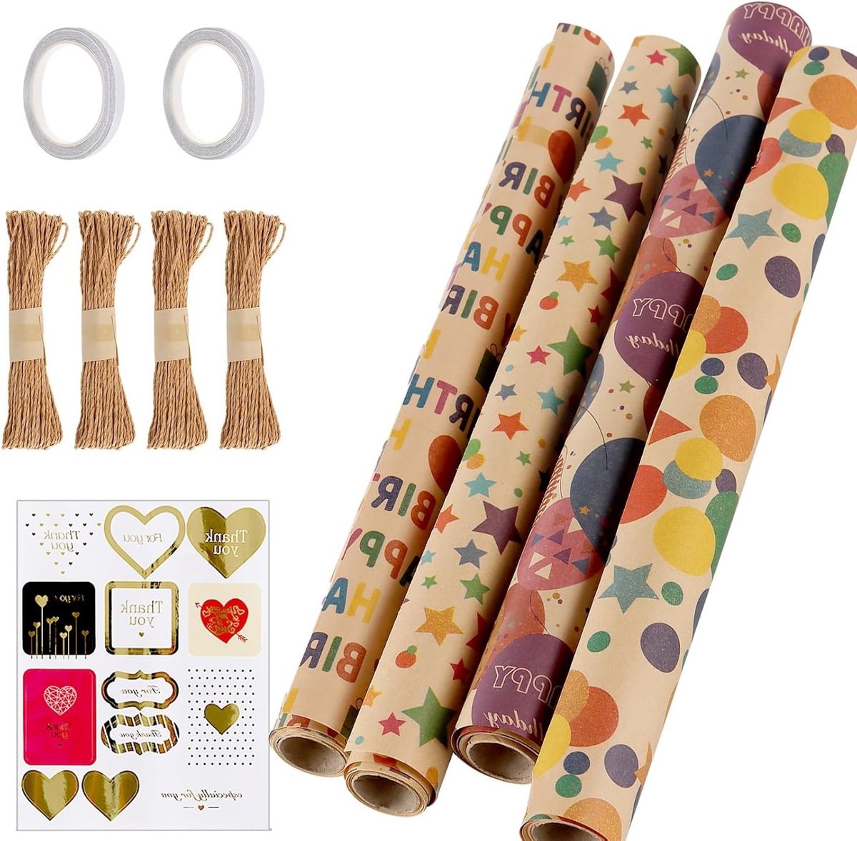 Recyclebaar kraftpapier cadeaupapier - 4 rollen van 43 cm x 3 m voor feestdecoraties, geschenken en creatief inpakken