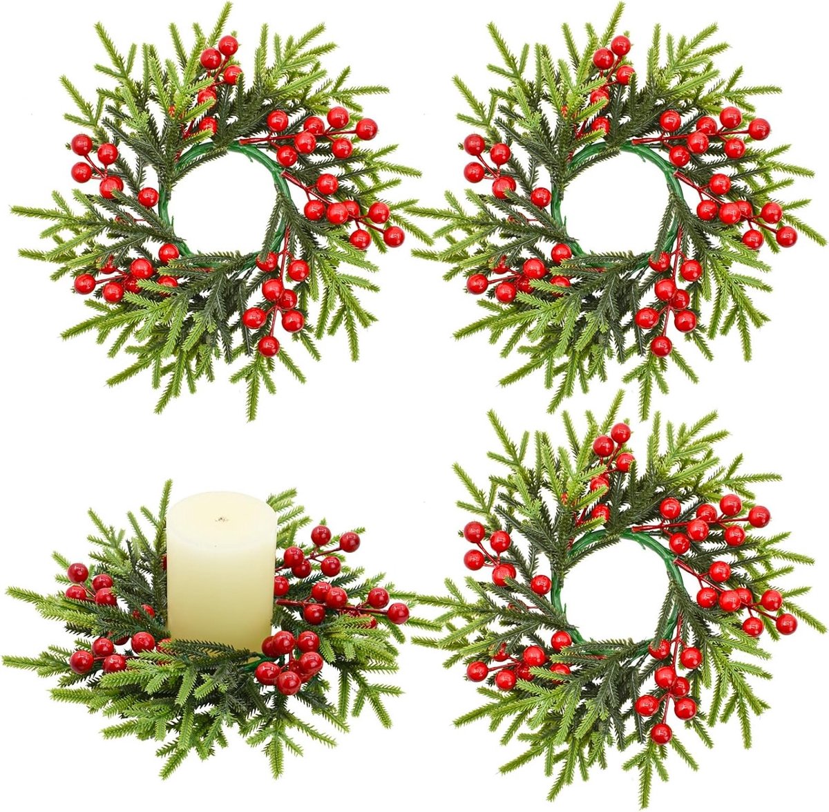 Kerstkaarsringen Set van 4 met Rode Bessen en Dennenappels voor Feestelijke Decoratie van Tafel, Haard en Bruiloft