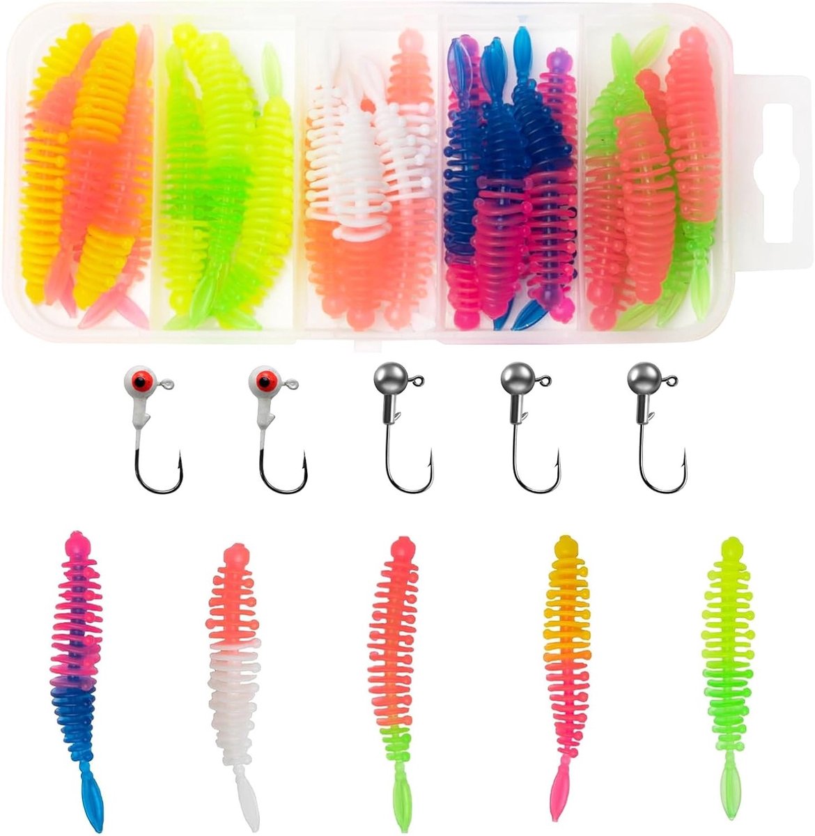 35 Stuks Vissenaccessoires - Rubber Vissenaas Set voor Forel, Baars en Snoek met Jigkoppen voor Meren en Beekjes