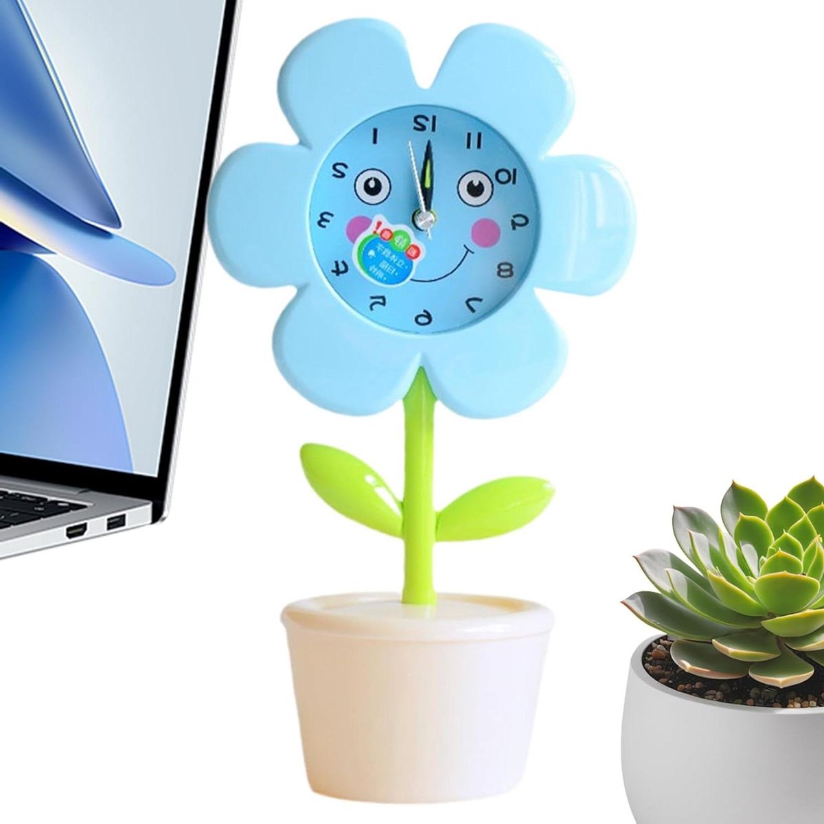 Stille wekker - Bloemenklok - Kamer decoreren - Slaapvriendelijk ontwerp - 14 cm breed - Blauw
