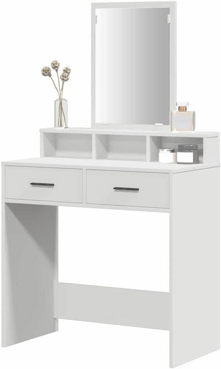 Kaptafel met spiegel - Make-up meubel - Snel opmaken - Twee opberglades - 79 x 41 x 140 cm - Wit