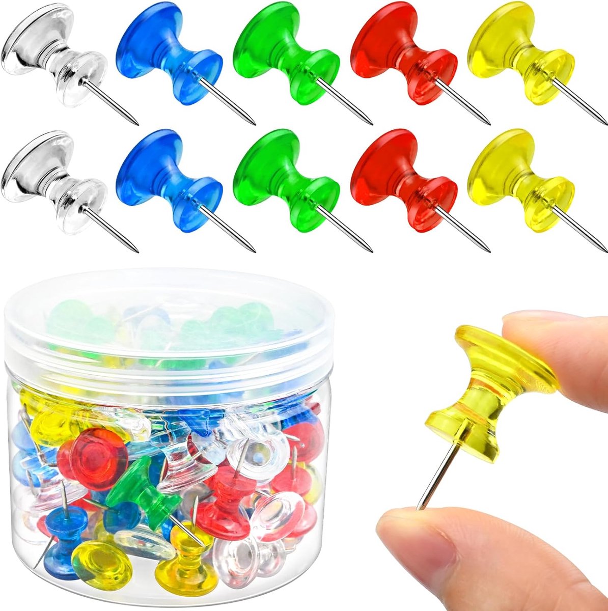 carmdering - Duimspijkers - Prikknopjes - Grote Duimspijkers - Set van 100, 2,6 cm, Kleurrijk doorzichtig - Stevig kunststof met roestvrij staal - Voor kurk, prikbord en schuimplaat - Perfect voor school, kantoor en thuis