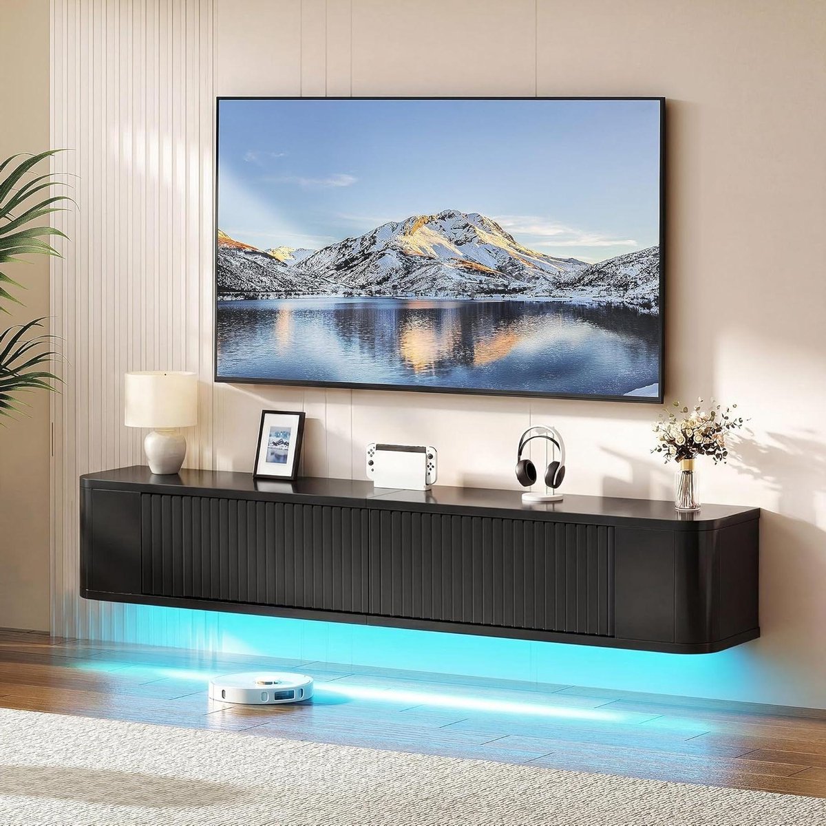 Zwevende TV-standaard - Wandmeubel Media - Entertainment Organiseren - Met RGB Verlichting - 140 cm Breed - Zwart Hoogglans