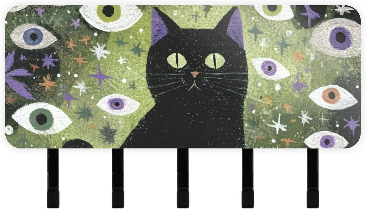 Wand Sleutelhouder - Post Organizer - Alles Opbergen - Met 5 Haken - 18 cm Breed - Zwart Kat