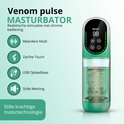 Groene masturbator met display en vier iconen: geluid, hand, usb-kabel, luidspreker. Tekst: Venom pulse MASTURBATOR. Realistische stimulatie met slimme bediening.