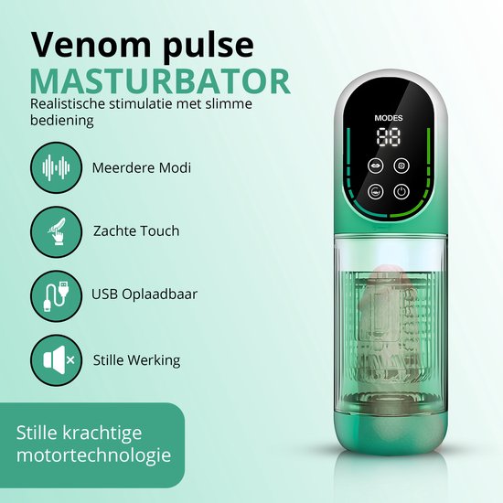 Groene masturbator met display en vier iconen: geluid, hand, usb-kabel, luidspreker. Tekst: Venom pulse MASTURBATOR. Realistische stimulatie met slimme bediening.