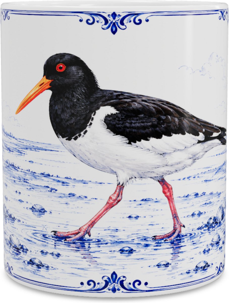Mok Scholekster (Haematopus ostralegus) - Delfts Blauw Design - Cadeau voor Vogelliefhebber