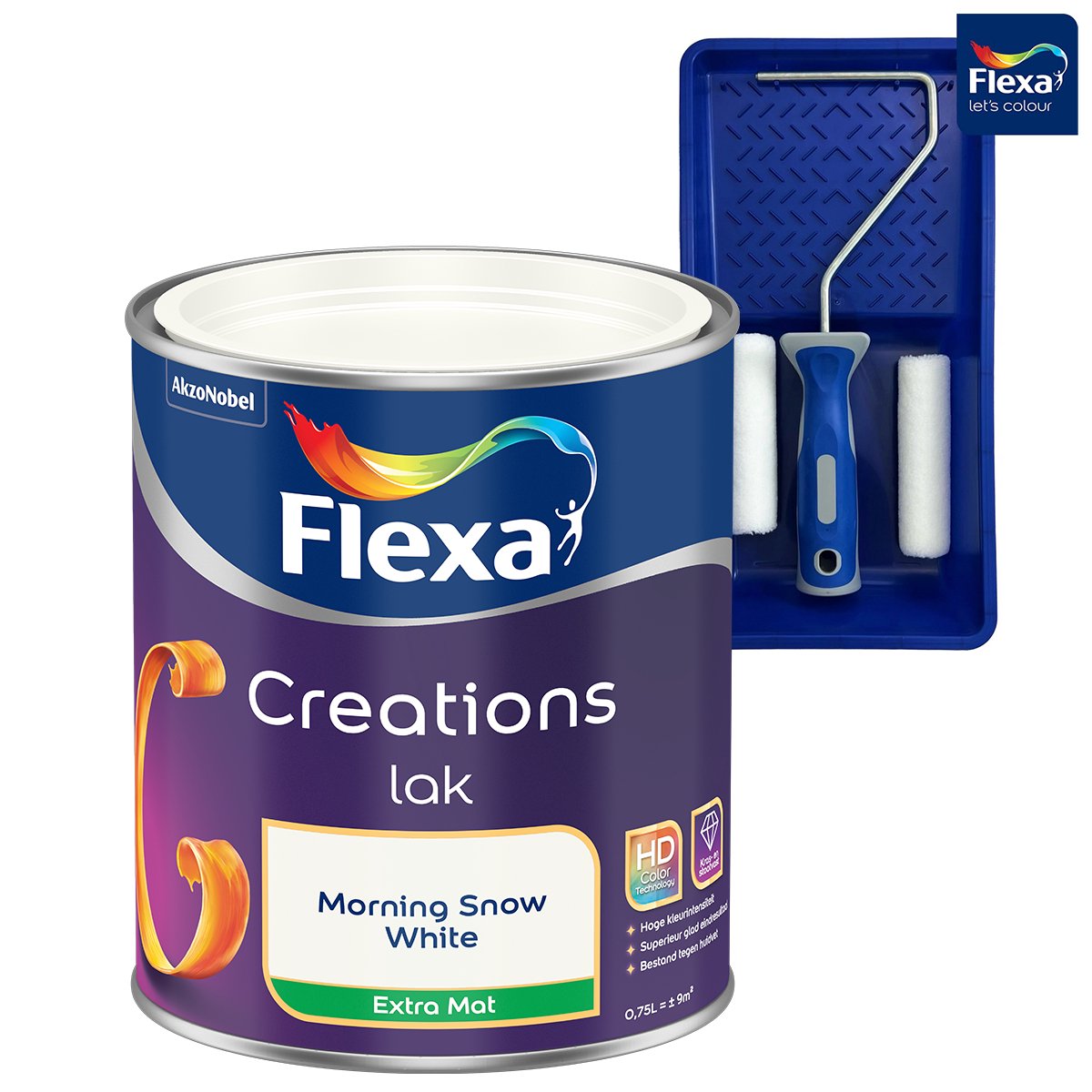 Voordeelpakket Flexa Creations - Lak Extra Mat - Morning Snow - 750 ML + Lakroller - 4 Delig