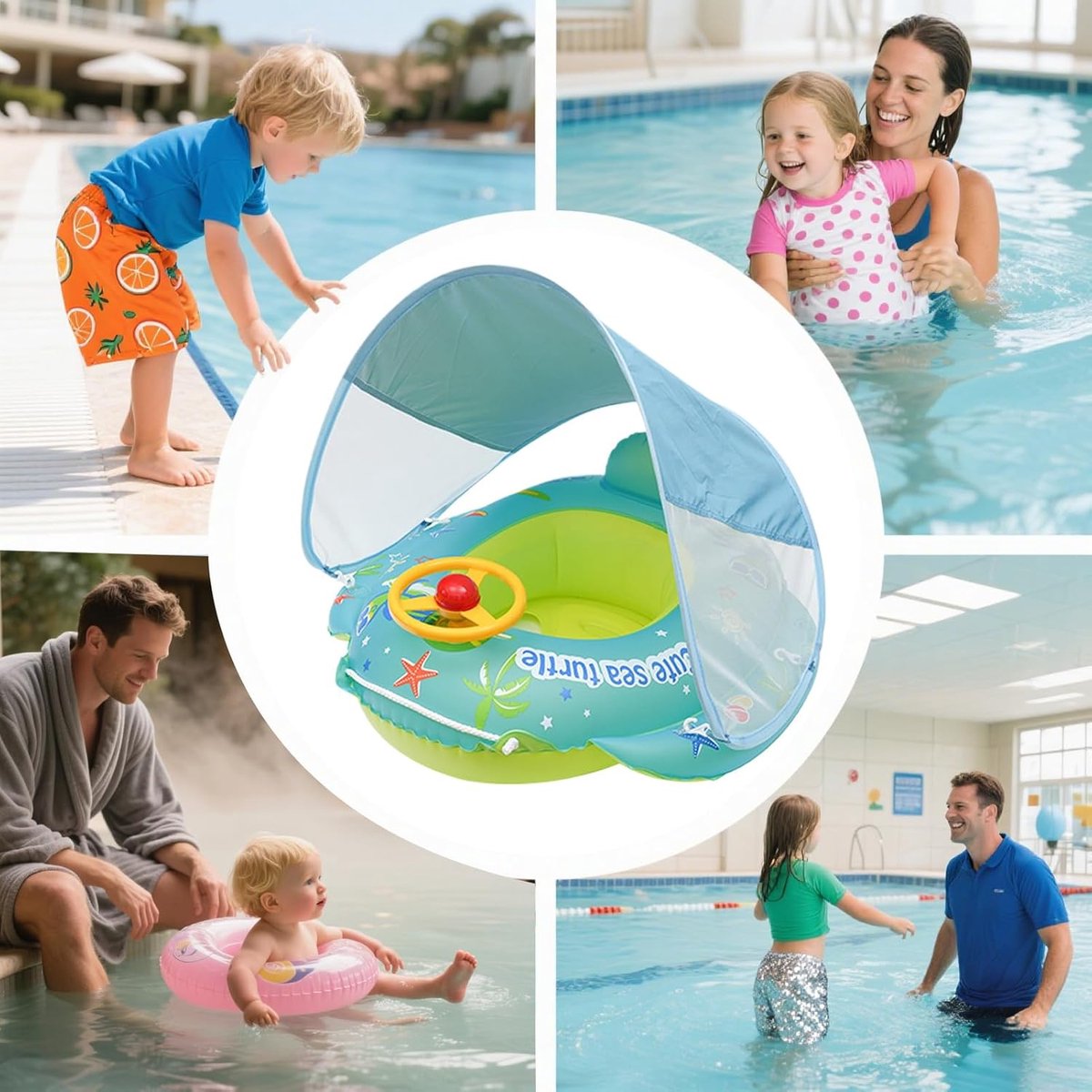 Zwemring met Zitting - Baby zwemband - Waterpret kind - Met zonnedak - 70 x 70 cm - Cartoon – foto 2