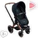 Zwarte poppenwagen met bruin handvat, koperkleurig frame en "3+" en "POUR POUPON" labels.