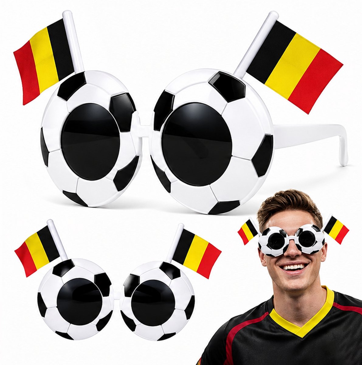 Voetbal Zonnebril met België Vlag - WK 2026 Versiering - WK-Bril met België Vlagontwerp voor Fans en Sportfeesten - Heren en Dames - Festival Zonnebril - Festival bril - Oranje Feestartikelen - Voetbal & Sport - Hup België - SOLLBRY®