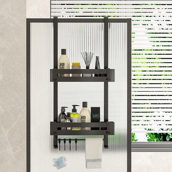 Zwart, tweedelig douche rekje. Bovenste plank met zeep en witte thee flessen. Onderste plank met zeep, lotion en witte thee flessen, 4 haakjes en handdoekhouder.