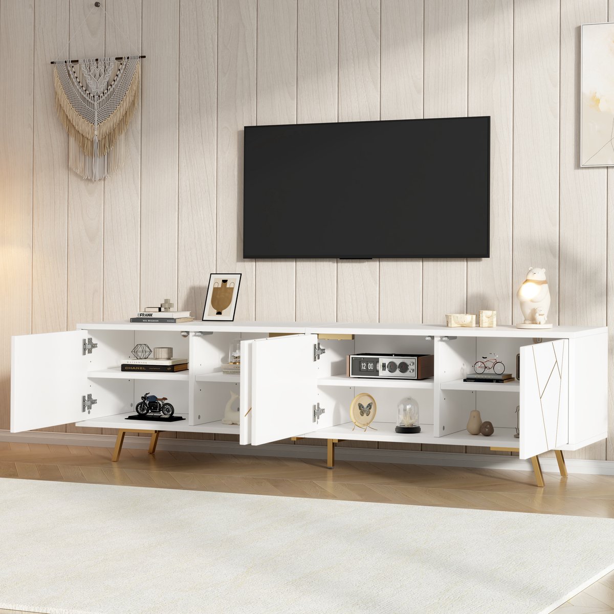 Merax Tv-meubel van 190 x 40 x 51,5 cm - met 4 kastdeuren - laag kastje - woonkamerkast - wit en goud