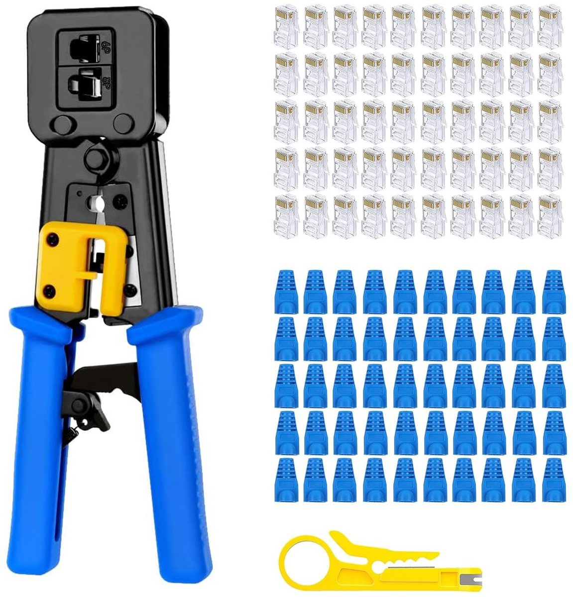 aladdien - RJ45 Crimping Pliers Set - 50 Cat6 Connectors - Draadstripper - Professioneel gebruik - Netwerkkabels - Ideaal voor netwerkinstallaties -..