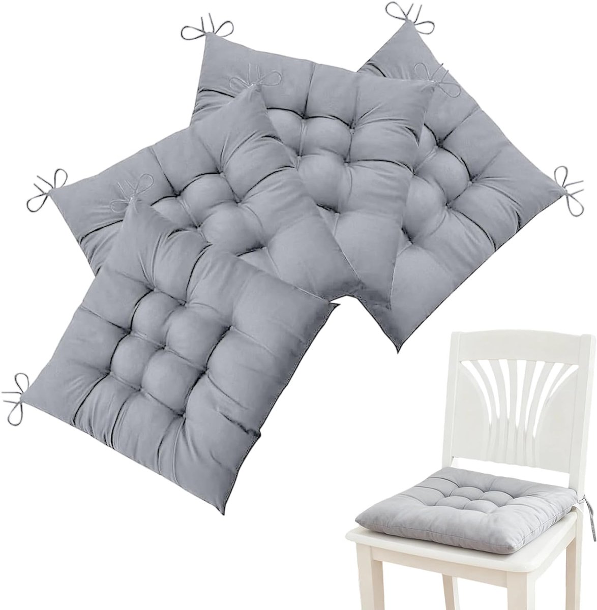 Set van 4 stoelkussens met strikbanden, comfortabel zitkussen 40 x 40 cm, premium binnenkussen, voor binnen en buiten, tuin, balkon, terras