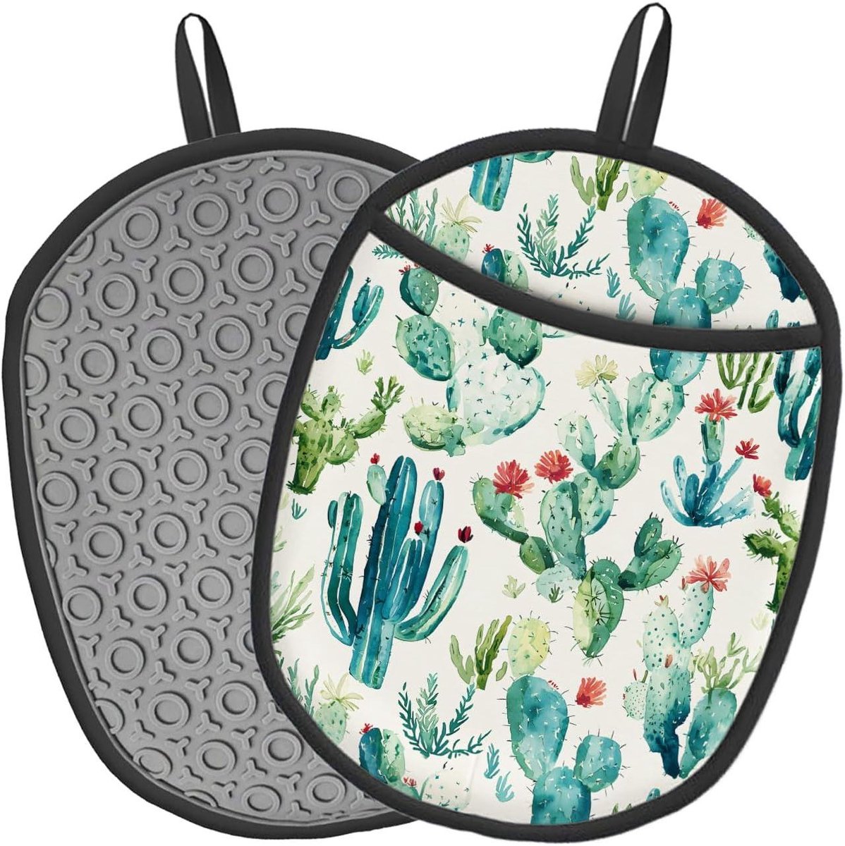 Pannenlappen 2 stuks - Ovenwanten Keuken - Hittebescherming Koken - Antislip Siliconen Grip - 24 x 19 cm - Cactus Bloemen