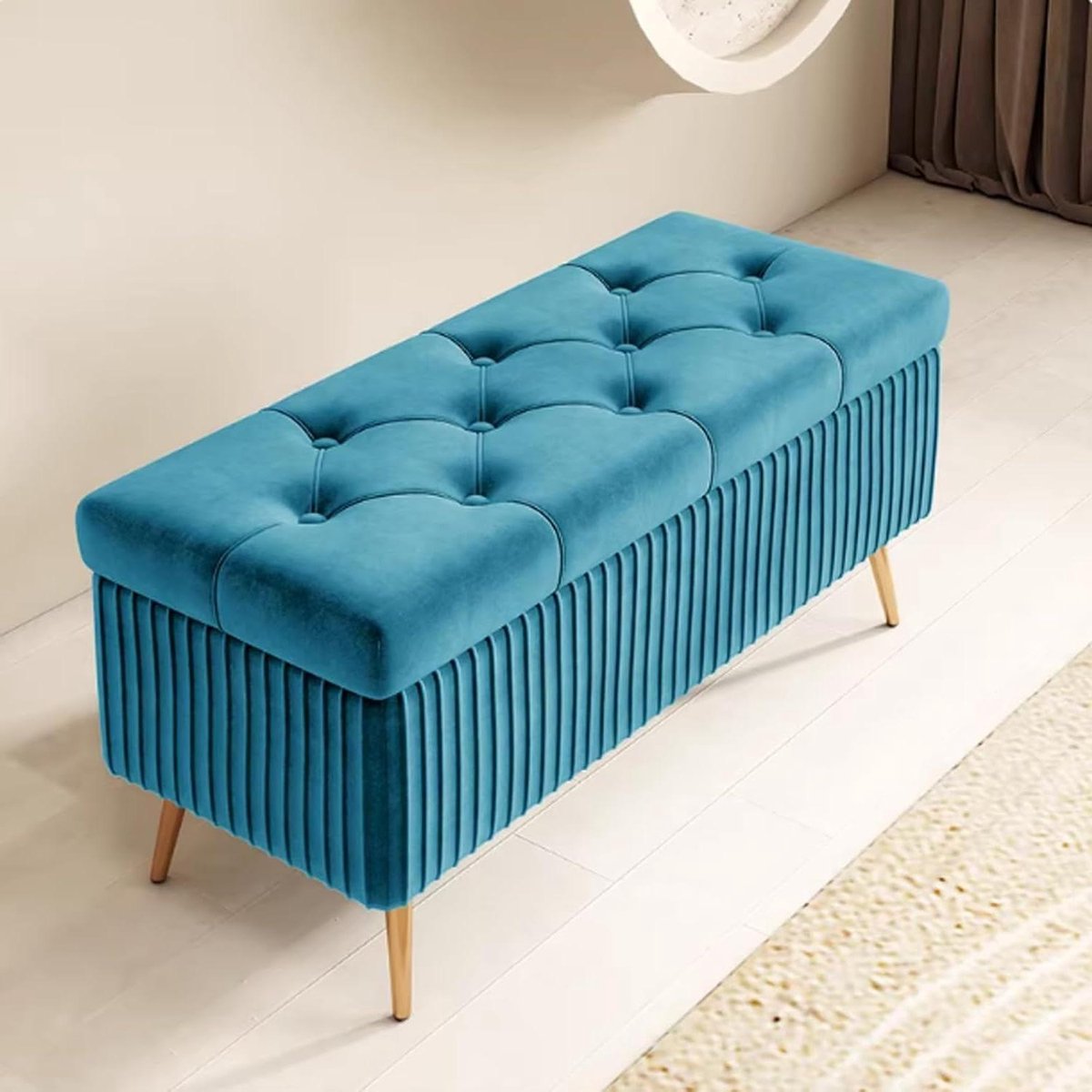 Opklapbare voetenbank - Opbergbank poef - Ruimte Besparen - Verborgen opbergruimte - 100 cm - Blauw